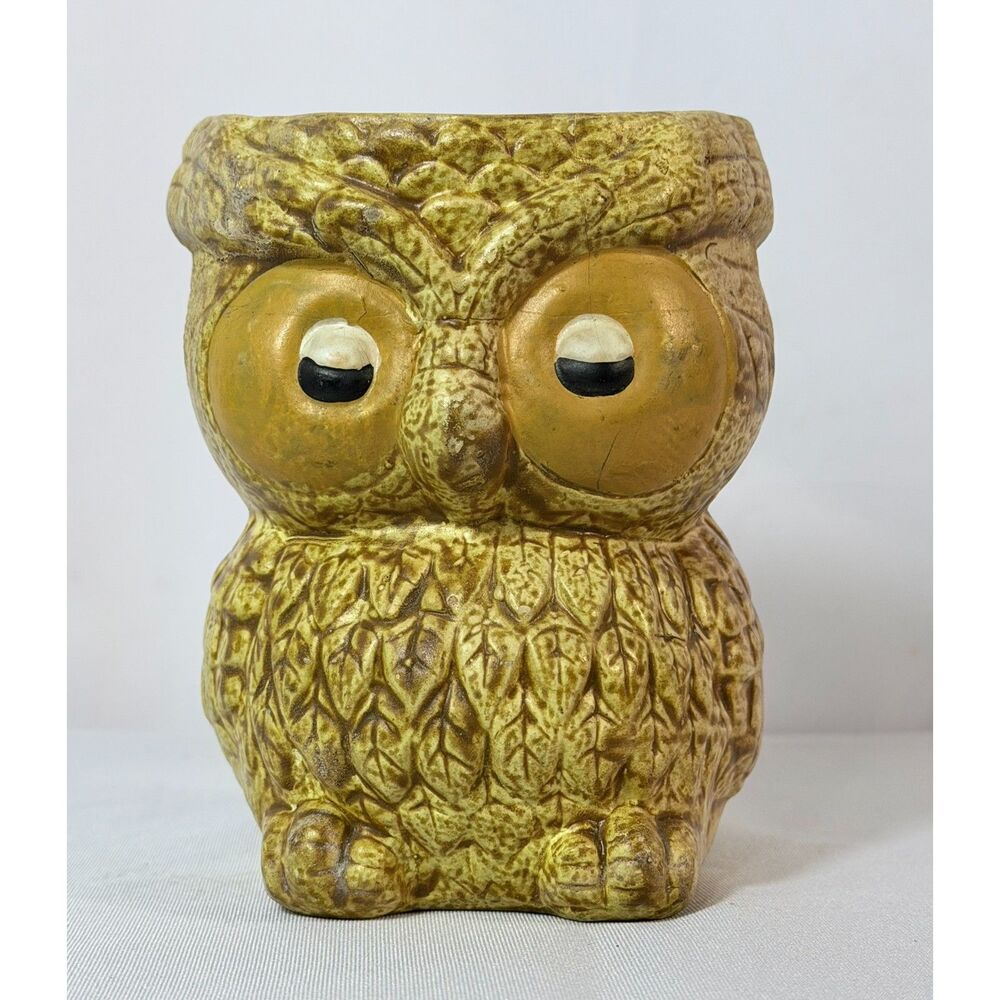 Vtg Ceramic Owl Planter Taiwan Big Eyes Hollow Yellow Bird Lover Kitschy 1960s
